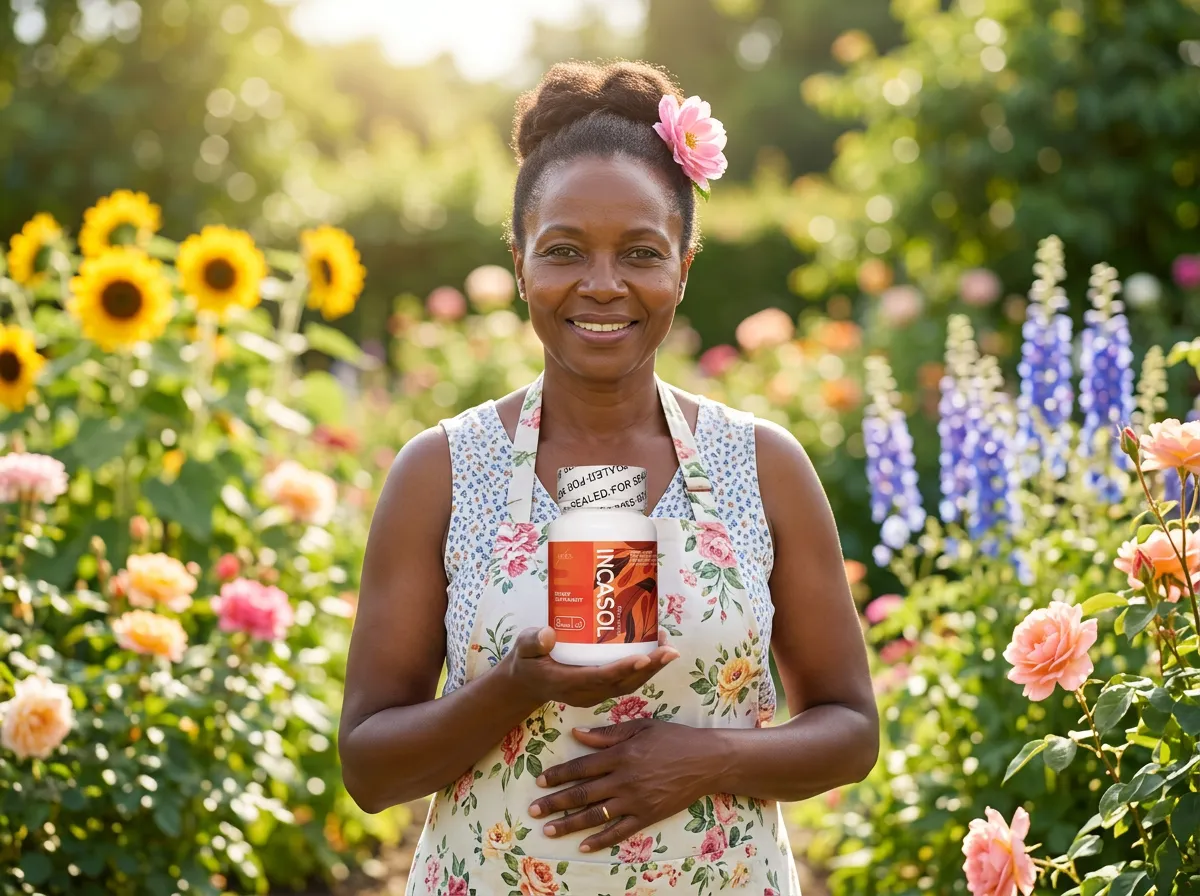 Kenyan woman among plants reflecting Incasol's natural botanical ingredients