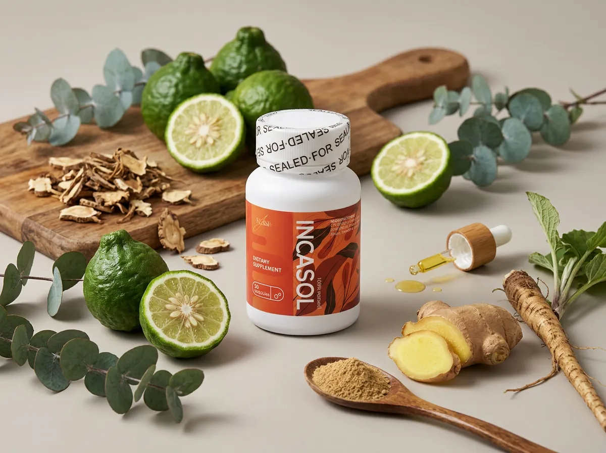 Incasol natural ingredients arranged on a wooden surface