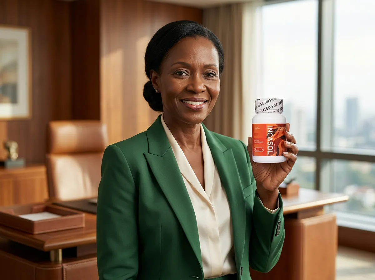 Kenyan professional woman reviewing Incasol natural blood pressure capsules