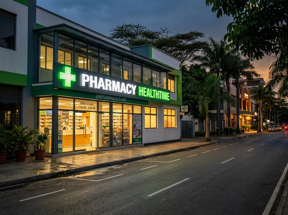 Modern Kenyan pharmacy storefront glowing in the evening — where to find genuine Incasol