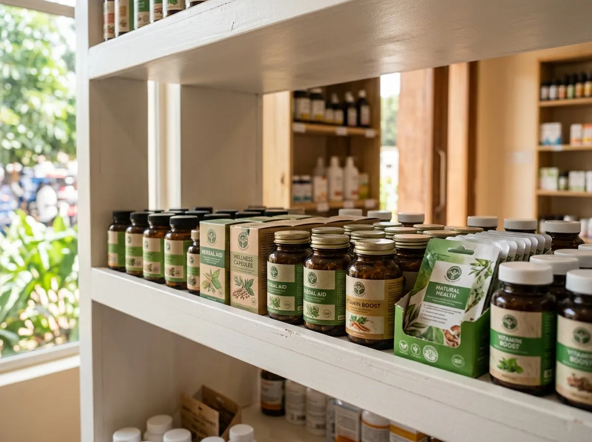 Natural supplement display in a Kenyan store